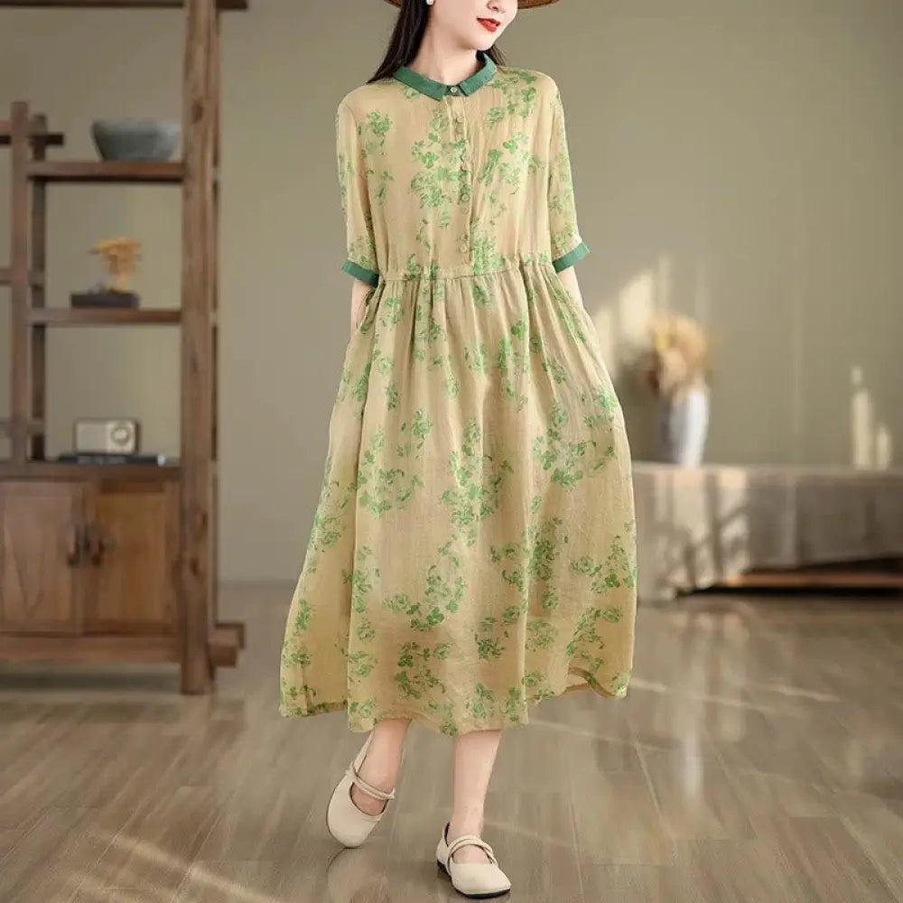 Buddha Stones Retro Printing Floral Pattern Drawstring Design Half Sleeve Cotton Midi Dress With Pockets - SeaGreen