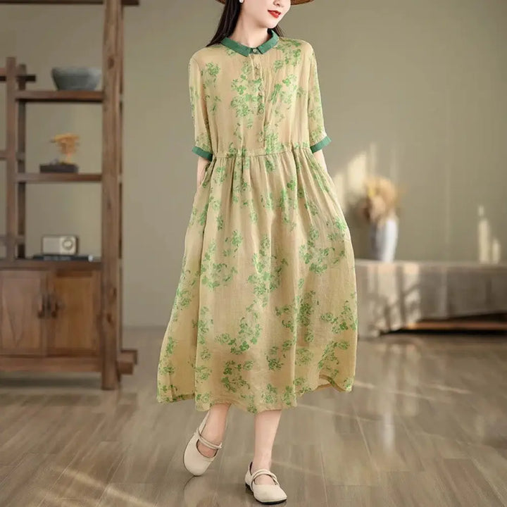 Buddha Stones Retro Printing Floral Pattern Drawstring Design Half Sleeve Cotton Midi Dress With Pockets - SeaGreen