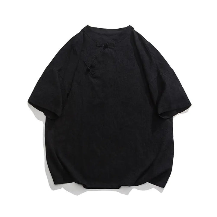Buddha Stones Retro Pure Color Frog-Button Design Jacquard Flower Pattern Men’s Short Sleeve Cotton Linen Shirt - Black