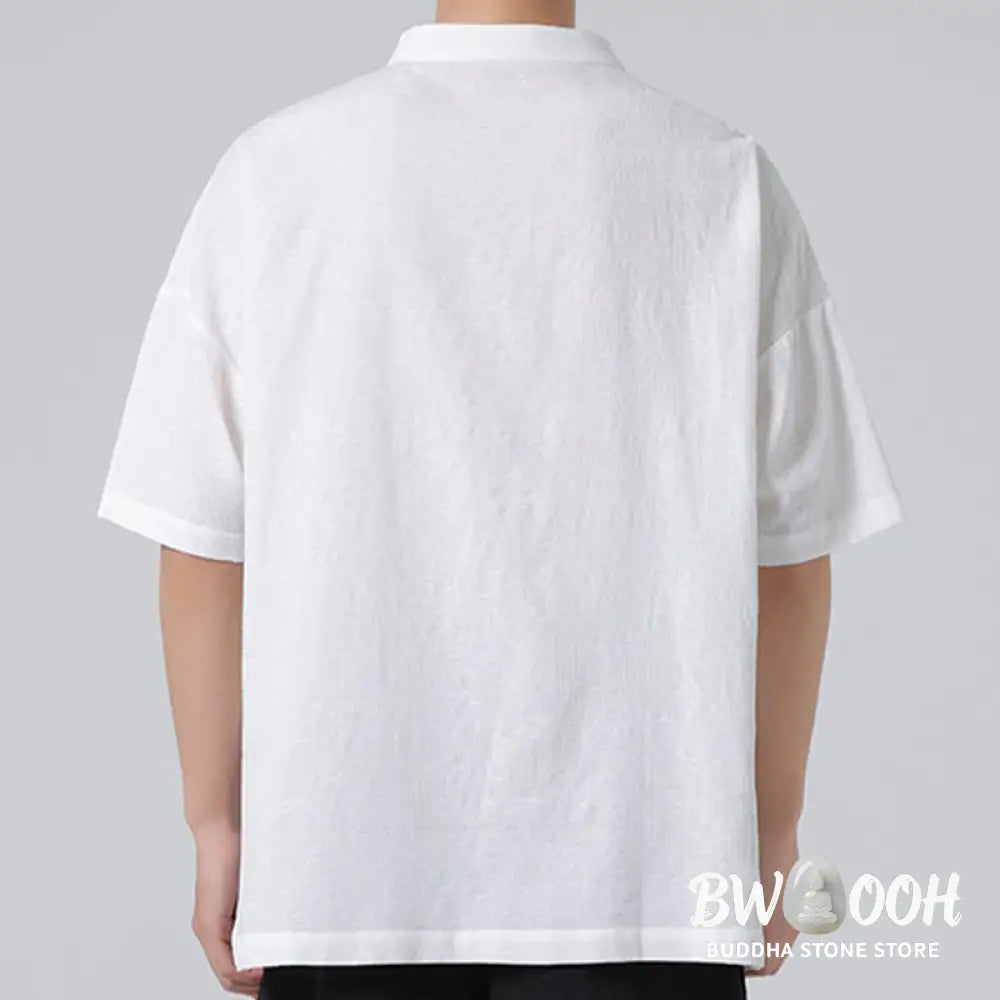 Buddha Stones Retro Pure Color Frog-Button Design Jacquard Flower Pattern Men’s Short Sleeve Cotton Linen Shirt - Men’s