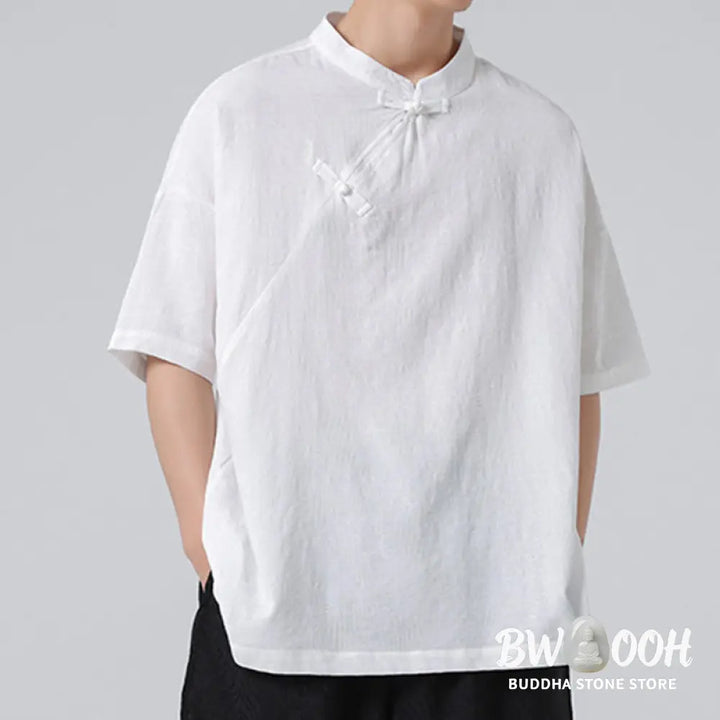 Buddha Stones Retro Pure Color Frog-Button Design Jacquard Flower Pattern Men’s Short Sleeve Cotton Linen Shirt - Men’s