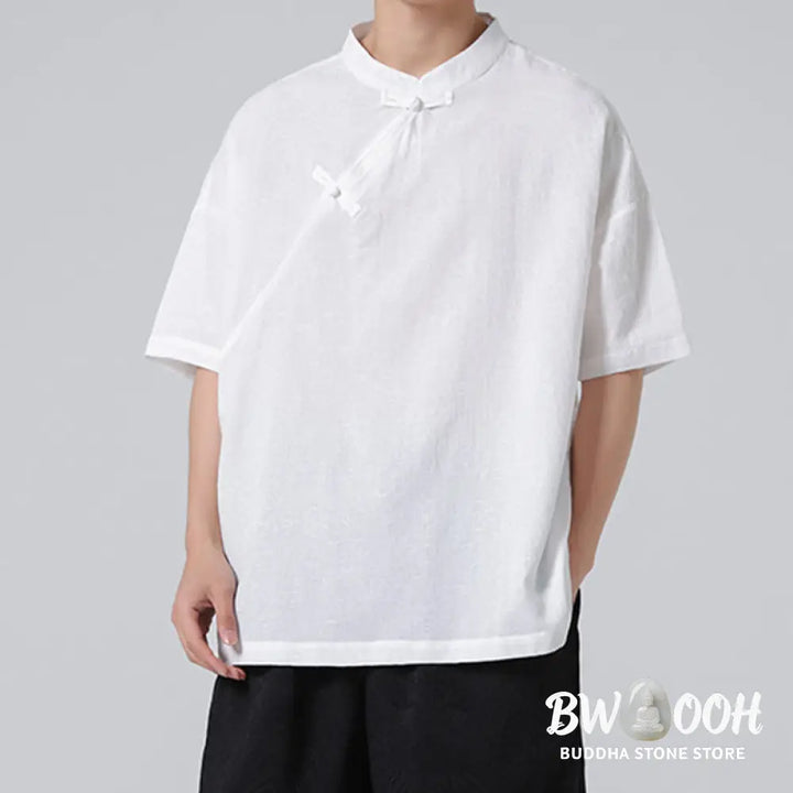 Buddha Stones Retro Pure Color Frog-Button Design Jacquard Flower Pattern Men’s Short Sleeve Cotton Linen Shirt - Men’s