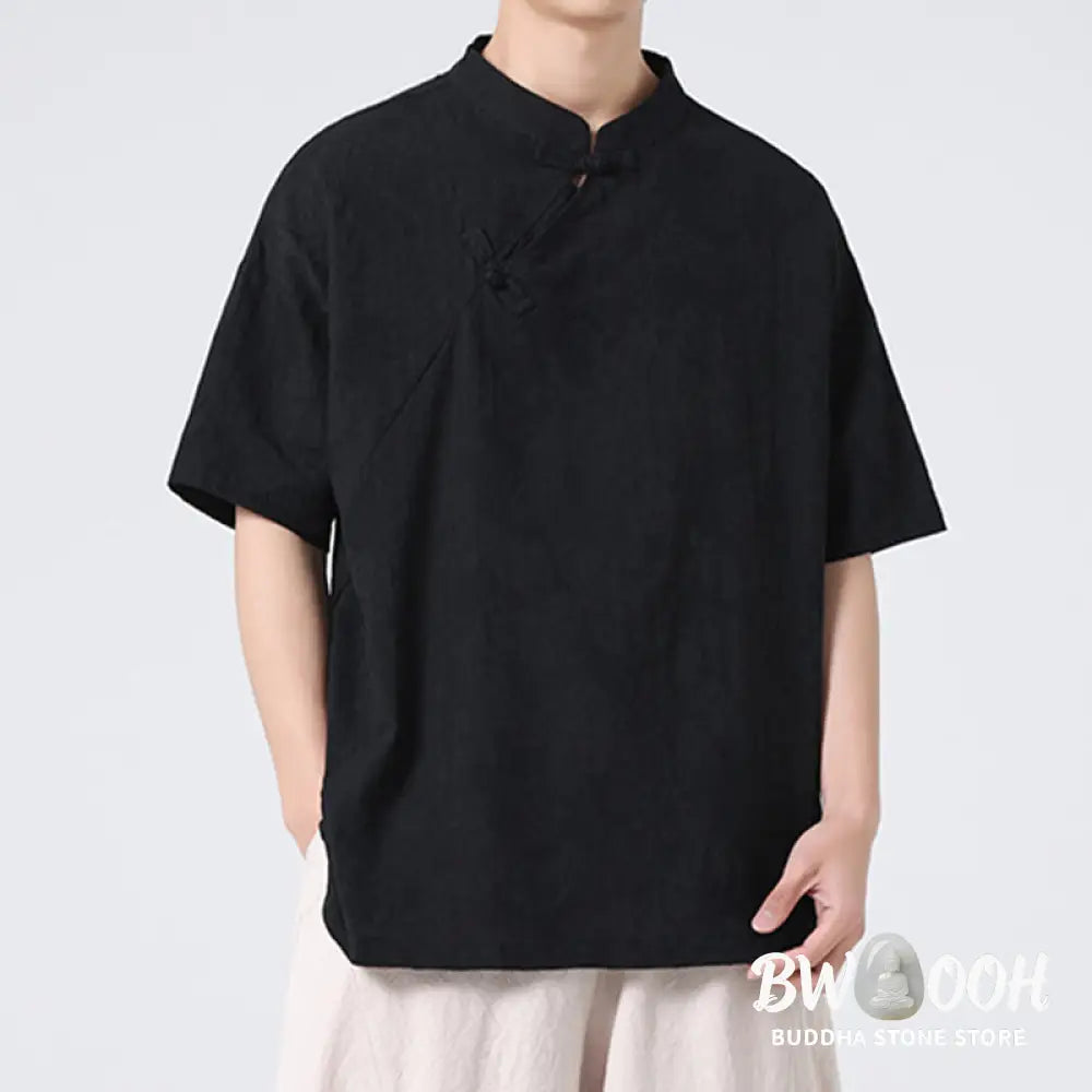 Buddha Stones Retro Pure Color Frog-Button Design Jacquard Flower Pattern Men’s Short Sleeve Cotton Linen Shirt - Men’s