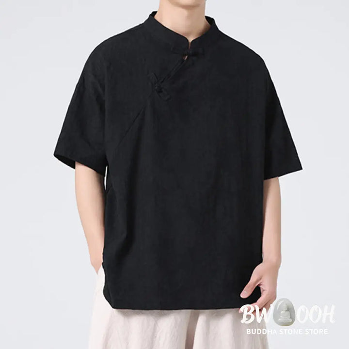 Buddha Stones Retro Pure Color Frog-Button Design Jacquard Flower Pattern Men’s Short Sleeve Cotton Linen Shirt - Men’s