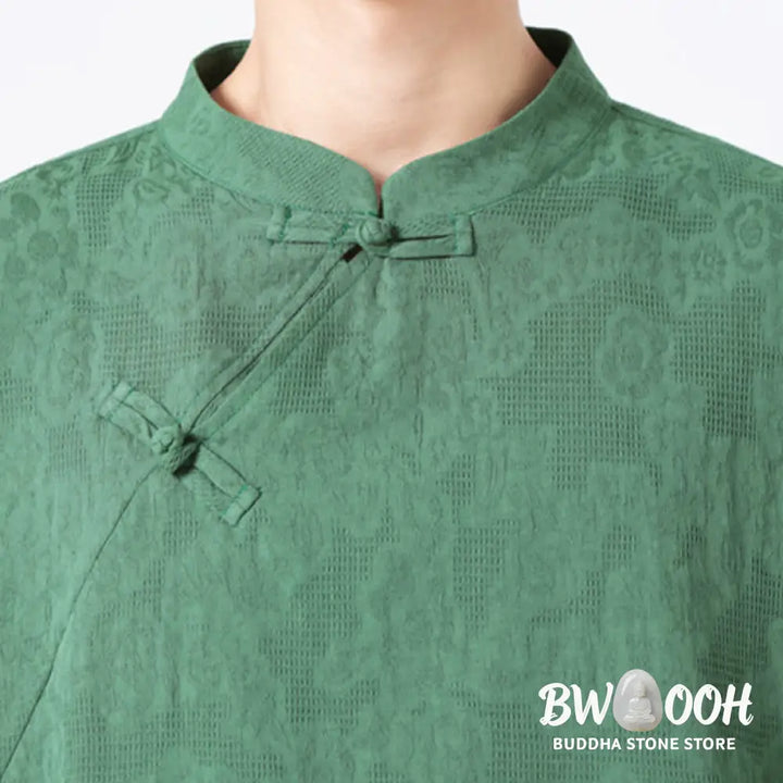 Buddha Stones Retro Pure Color Frog-Button Design Jacquard Flower Pattern Men’s Short Sleeve Cotton Linen Shirt - Men’s