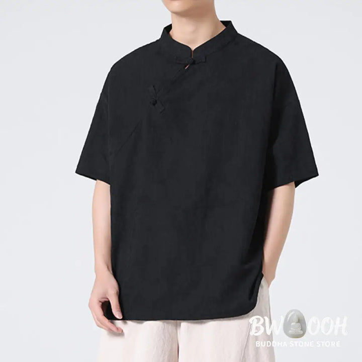 Buddha Stones Retro Pure Color Frog-Button Design Jacquard Flower Pattern Men’s Short Sleeve Cotton Linen Shirt - Men’s