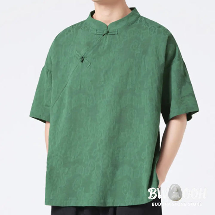 Buddha Stones Retro Pure Color Frog-Button Design Jacquard Flower Pattern Men’s Short Sleeve Cotton Linen Shirt - Men’s