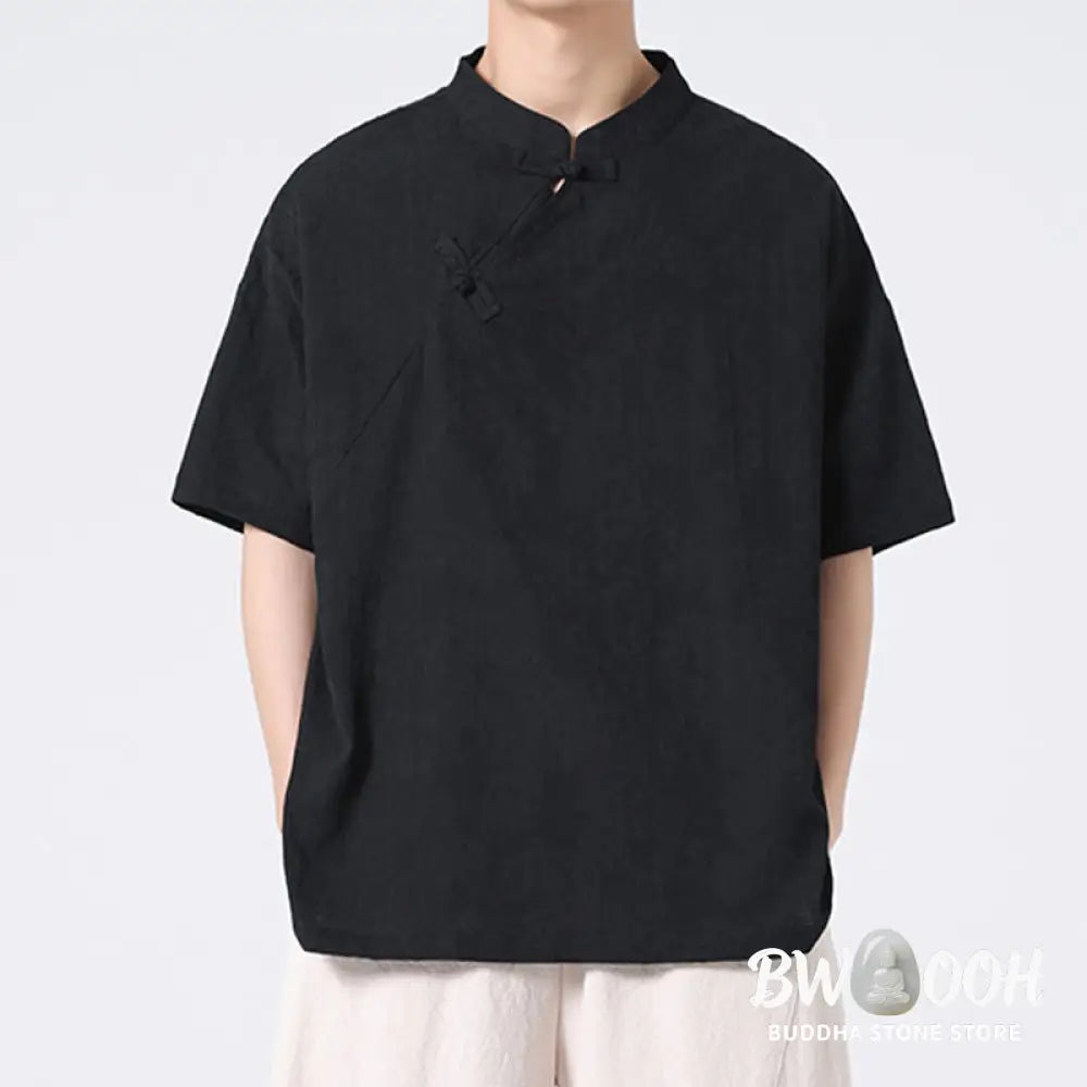 Buddha Stones Retro Pure Color Frog-Button Design Jacquard Flower Pattern Men’s Short Sleeve Cotton Linen Shirt - Men’s