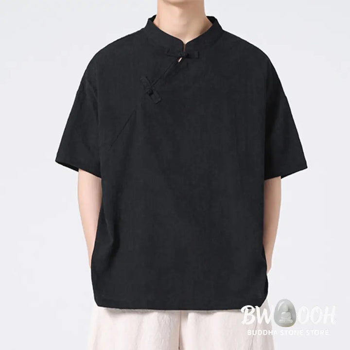 Buddha Stones Retro Pure Color Frog-Button Design Jacquard Flower Pattern Men’s Short Sleeve Cotton Linen Shirt - Men’s