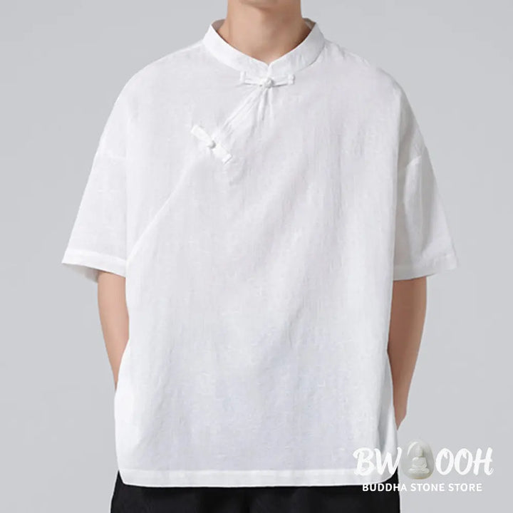 Buddha Stones Retro Pure Color Frog-Button Design Jacquard Flower Pattern Men’s Short Sleeve Cotton Linen Shirt - Men’s