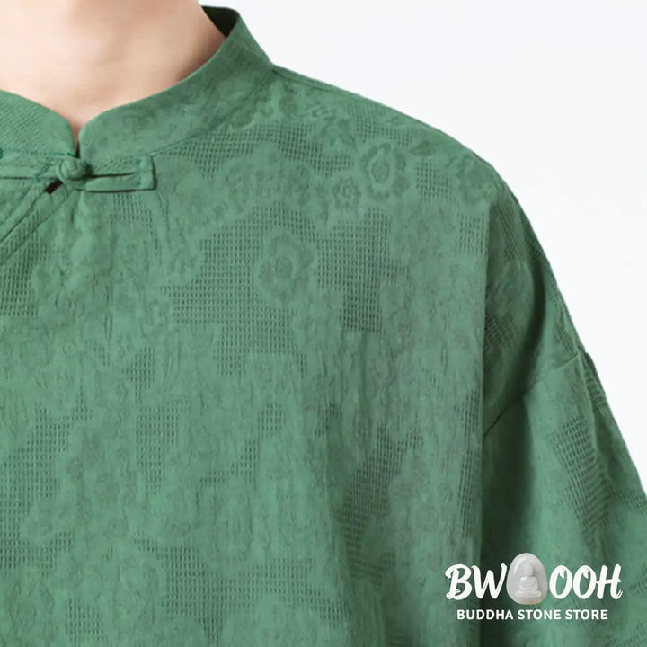Buddha Stones Retro Pure Color Frog-Button Design Jacquard Flower Pattern Men’s Short Sleeve Cotton Linen Shirt - Men’s