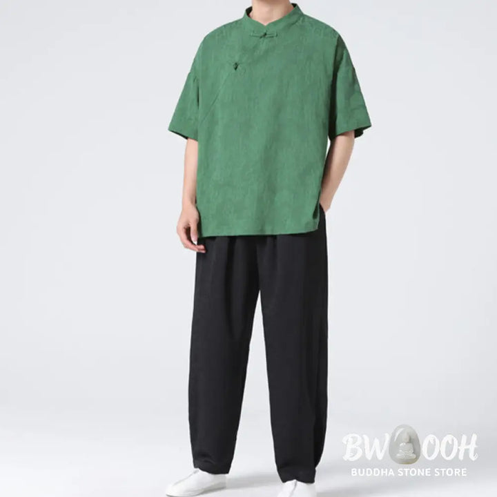 Buddha Stones Retro Pure Color Frog-Button Design Jacquard Flower Pattern Men’s Short Sleeve Cotton Linen Shirt - Men’s