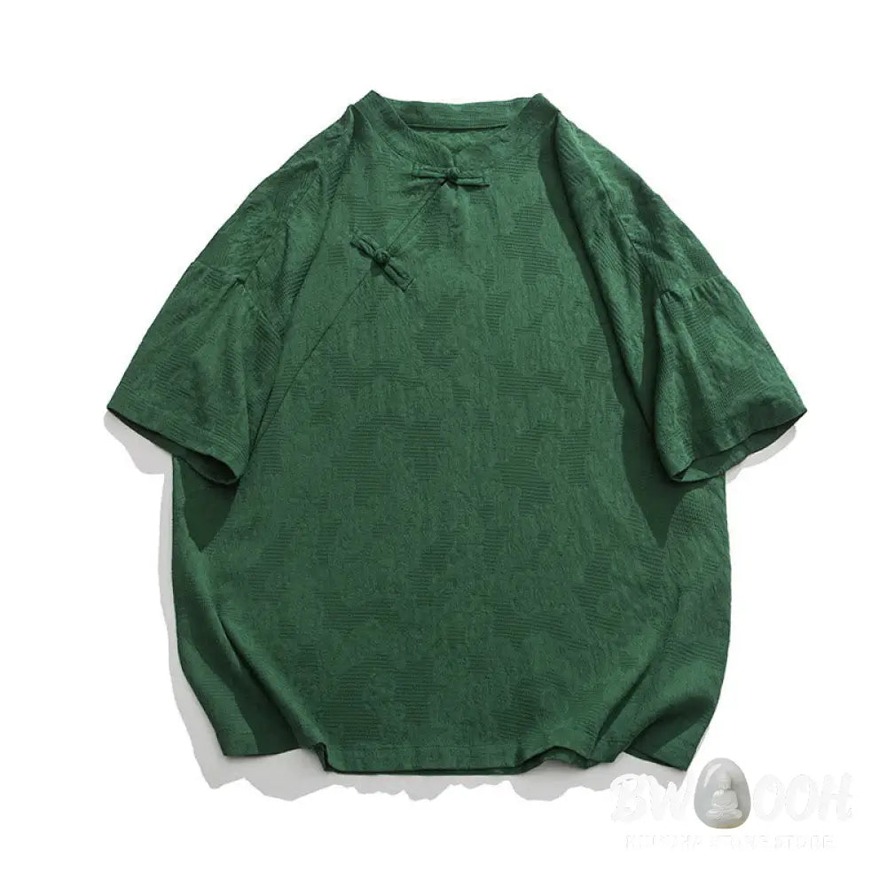 Buddha Stones Retro Pure Color Frog-Button Design Jacquard Flower Pattern Men’s Short Sleeve Cotton Linen Shirt - Men’s