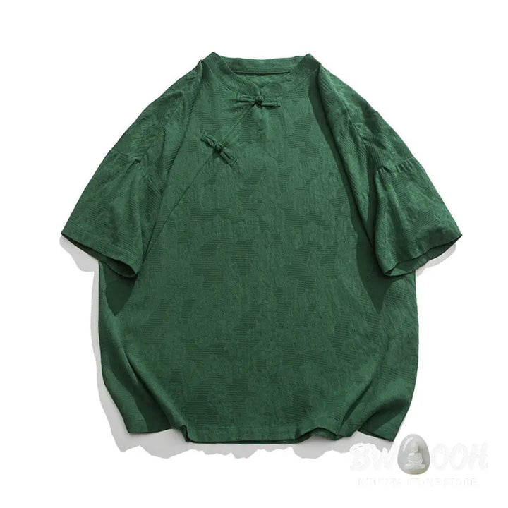 Buddha Stones Retro Pure Color Frog-Button Design Jacquard Flower Pattern Men’s Short Sleeve Cotton Linen Shirt - Men’s