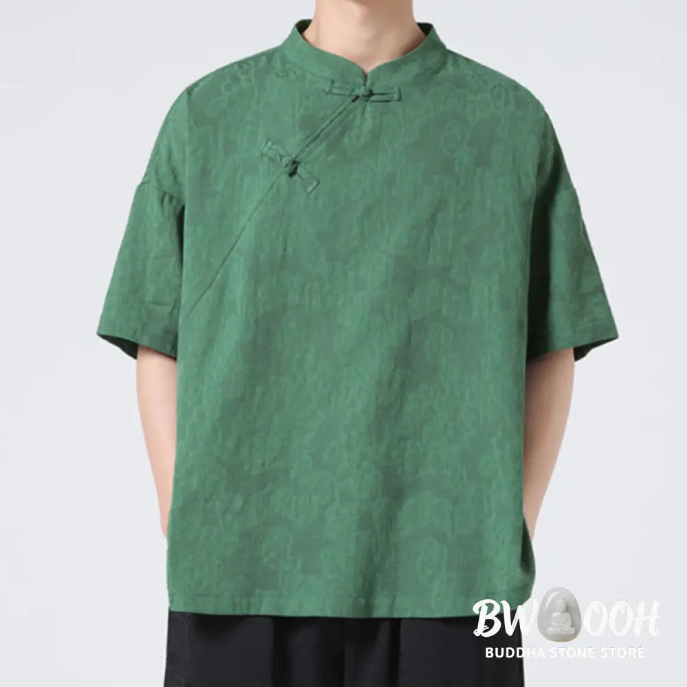 Buddha Stones Retro Pure Color Frog-Button Design Jacquard Flower Pattern Men’s Short Sleeve Cotton Linen Shirt - Men’s