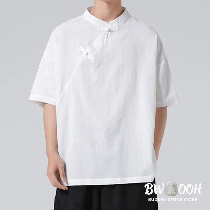 Buddha Stones Retro Pure Color Frog-Button Design Jacquard Flower Pattern Men’s Short Sleeve Cotton Linen Shirt - Men’s