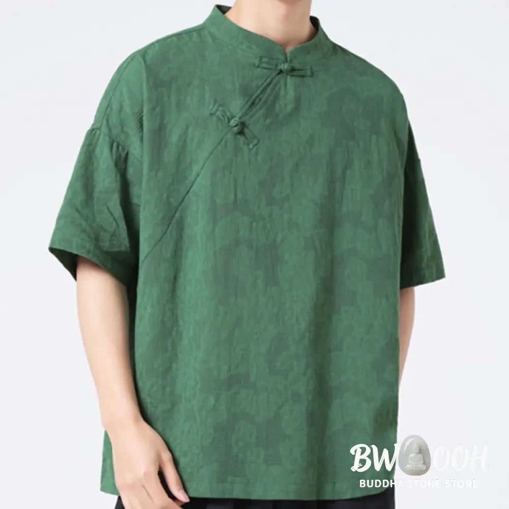 Buddha Stones Retro Pure Color Frog-Button Design Jacquard Flower Pattern Men’s Short Sleeve Cotton Linen Shirt - Men’s