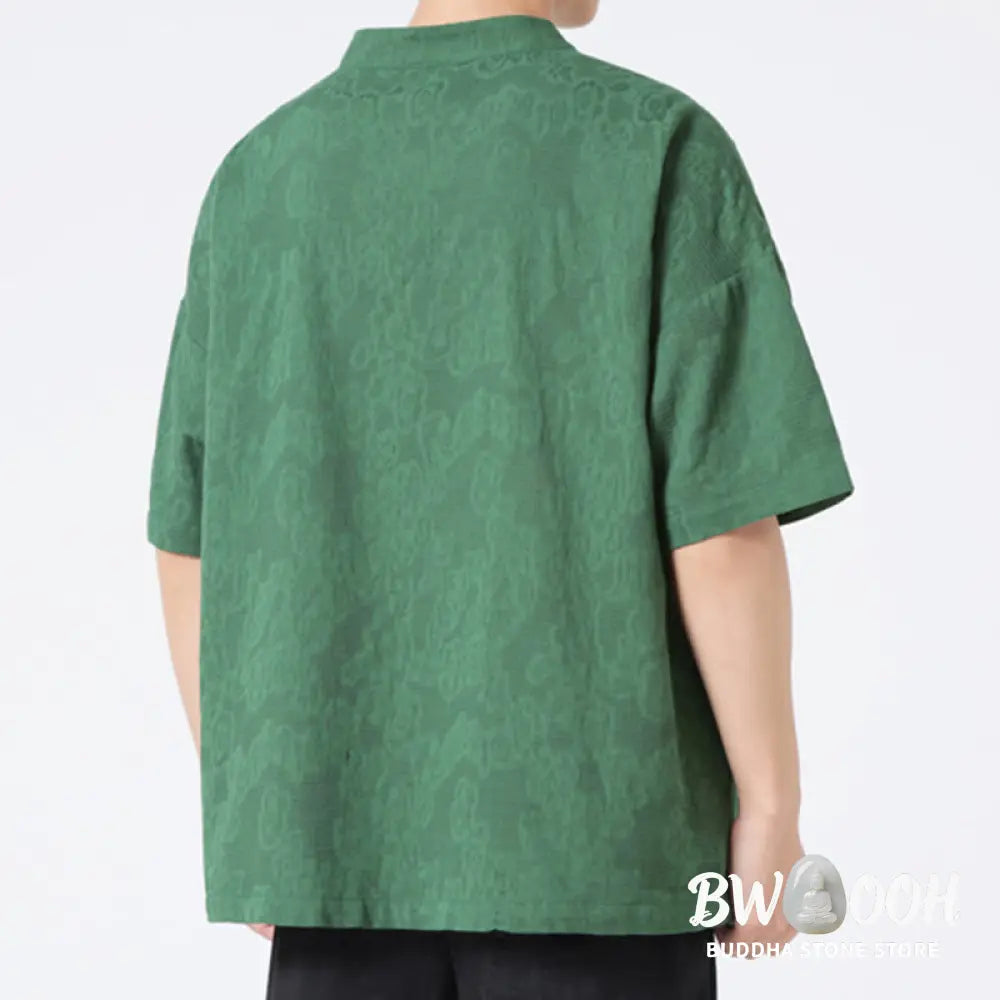 Buddha Stones Retro Pure Color Frog-Button Design Jacquard Flower Pattern Men’s Short Sleeve Cotton Linen Shirt - Men’s