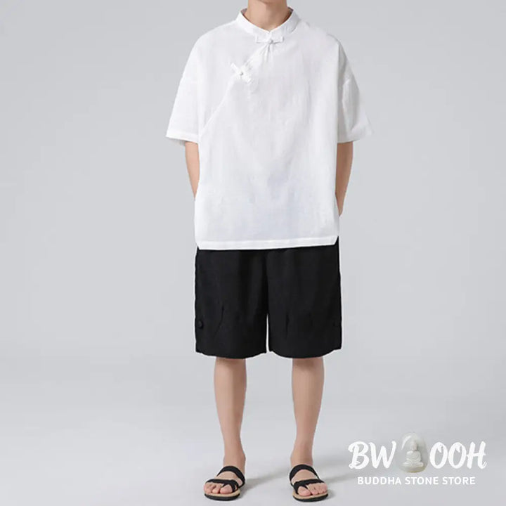Buddha Stones Retro Pure Color Frog-Button Design Jacquard Flower Pattern Men’s Short Sleeve Cotton Linen Shirt - Men’s
