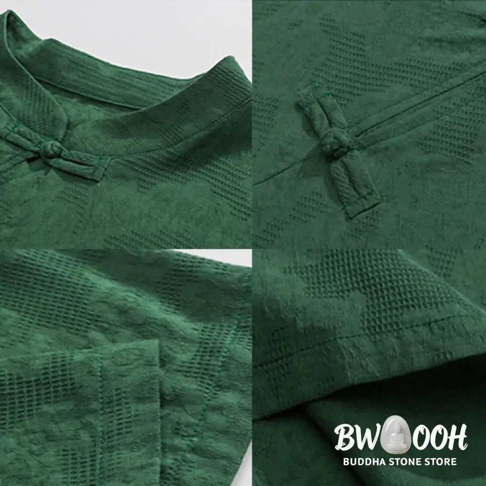 Buddha Stones Retro Pure Color Frog-Button Design Jacquard Flower Pattern Men’s Short Sleeve Cotton Linen Shirt - Men’s