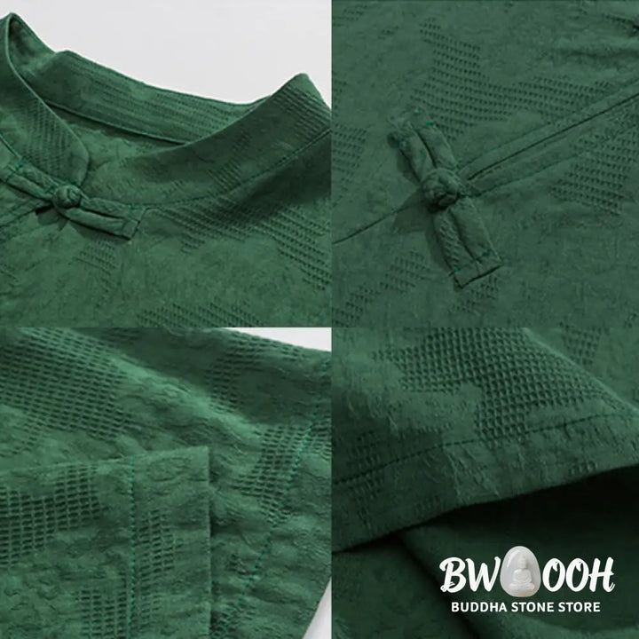 Buddha Stones Retro Pure Color Frog-Button Design Jacquard Flower Pattern Men’s Short Sleeve Cotton Linen Shirt - Men’s