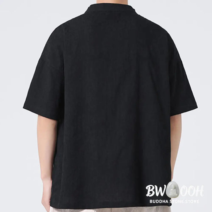 Buddha Stones Retro Pure Color Frog-Button Design Jacquard Flower Pattern Men’s Short Sleeve Cotton Linen Shirt - Men’s