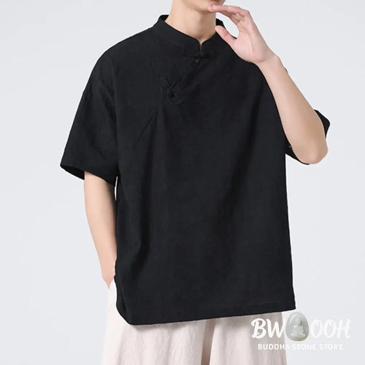 Buddha Stones Retro Pure Color Frog-Button Design Jacquard Flower Pattern Men’s Short Sleeve Cotton Linen Shirt - Men’s