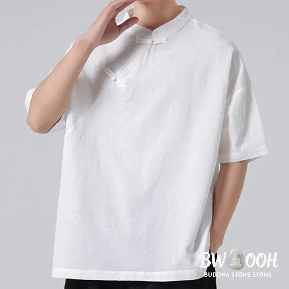 Buddha Stones Retro Pure Color Frog-Button Design Jacquard Flower Pattern Men’s Short Sleeve Cotton Linen Shirt - Men’s