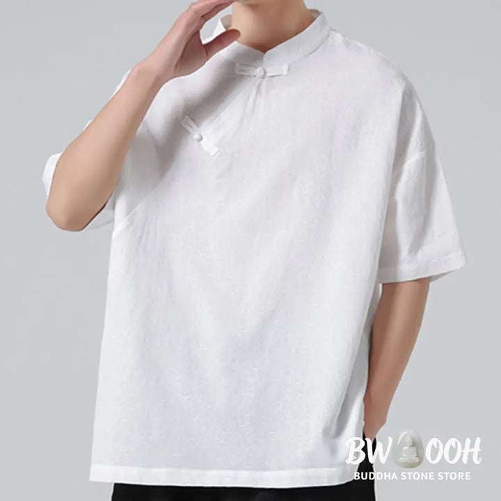 Buddha Stones Retro Pure Color Frog-Button Design Jacquard Flower Pattern Men’s Short Sleeve Cotton Linen Shirt - Men’s