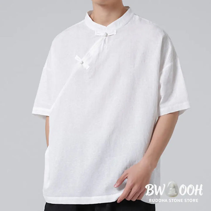 Buddha Stones Retro Pure Color Frog-Button Design Jacquard Flower Pattern Men’s Short Sleeve Cotton Linen Shirt - Men’s