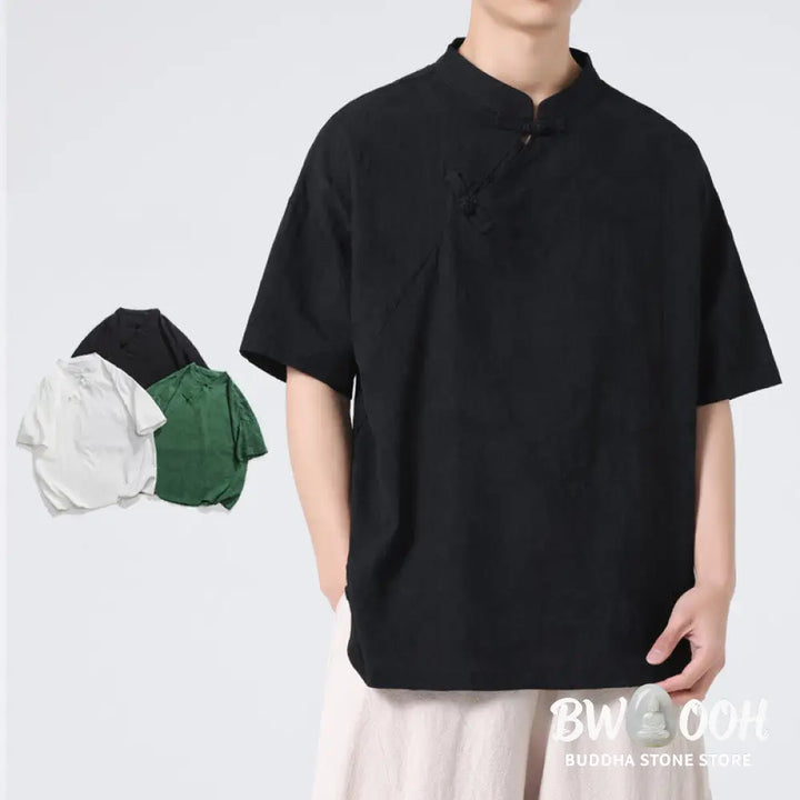Buddha Stones Retro Pure Color Frog-Button Design Jacquard Flower Pattern Men’s Short Sleeve Cotton Linen Shirt - Men’s