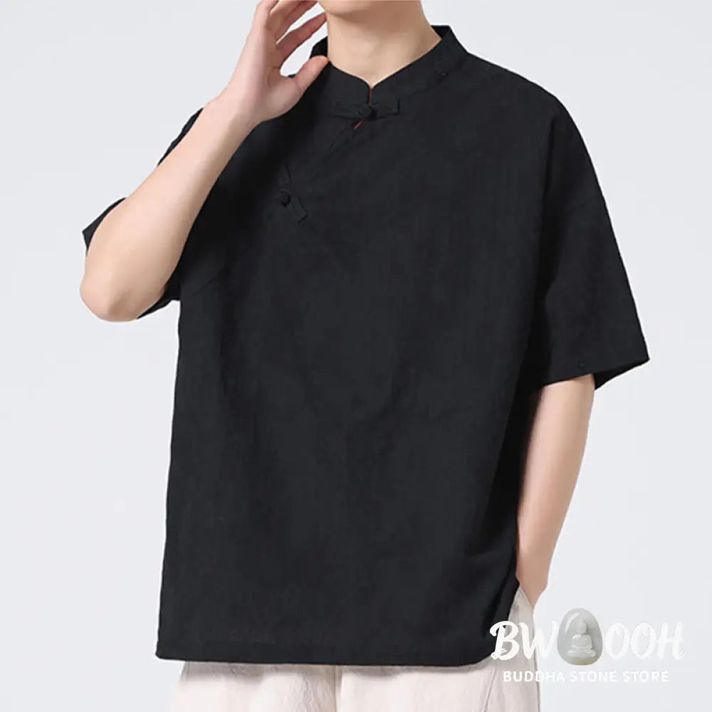 Buddha Stones Retro Pure Color Frog-Button Design Jacquard Flower Pattern Men’s Short Sleeve Cotton Linen Shirt - Men’s