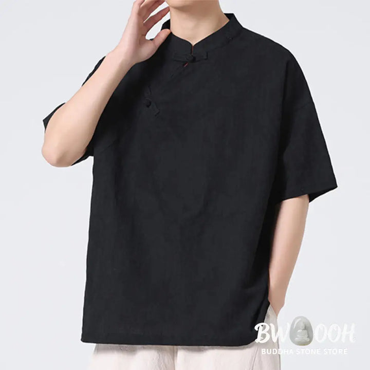 Buddha Stones Retro Pure Color Frog-Button Design Jacquard Flower Pattern Men’s Short Sleeve Cotton Linen Shirt - Men’s