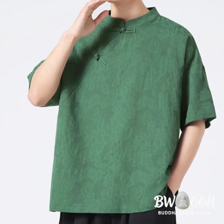 Buddha Stones Retro Pure Color Frog-Button Design Jacquard Flower Pattern Men’s Short Sleeve Cotton Linen Shirt - Men’s