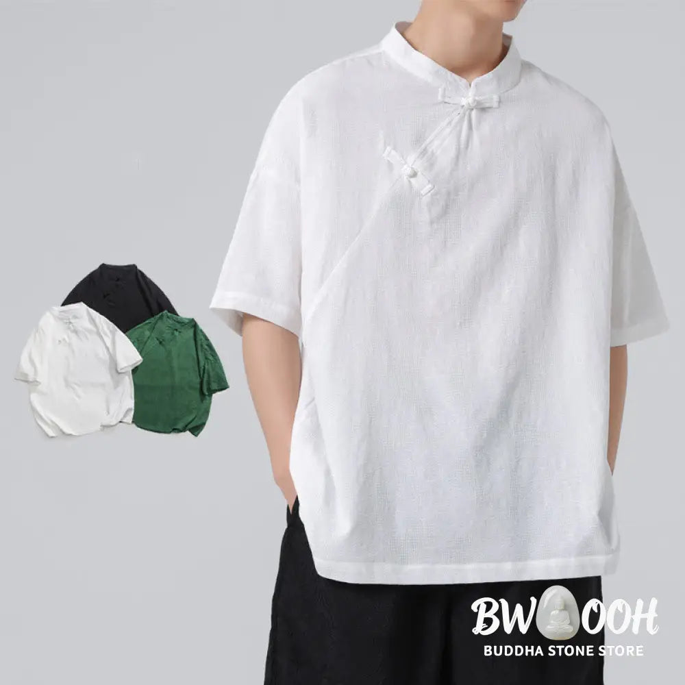 Buddha Stones Retro Pure Color Frog-Button Design Jacquard Flower Pattern Men’s Short Sleeve Cotton Linen Shirt - Men’s