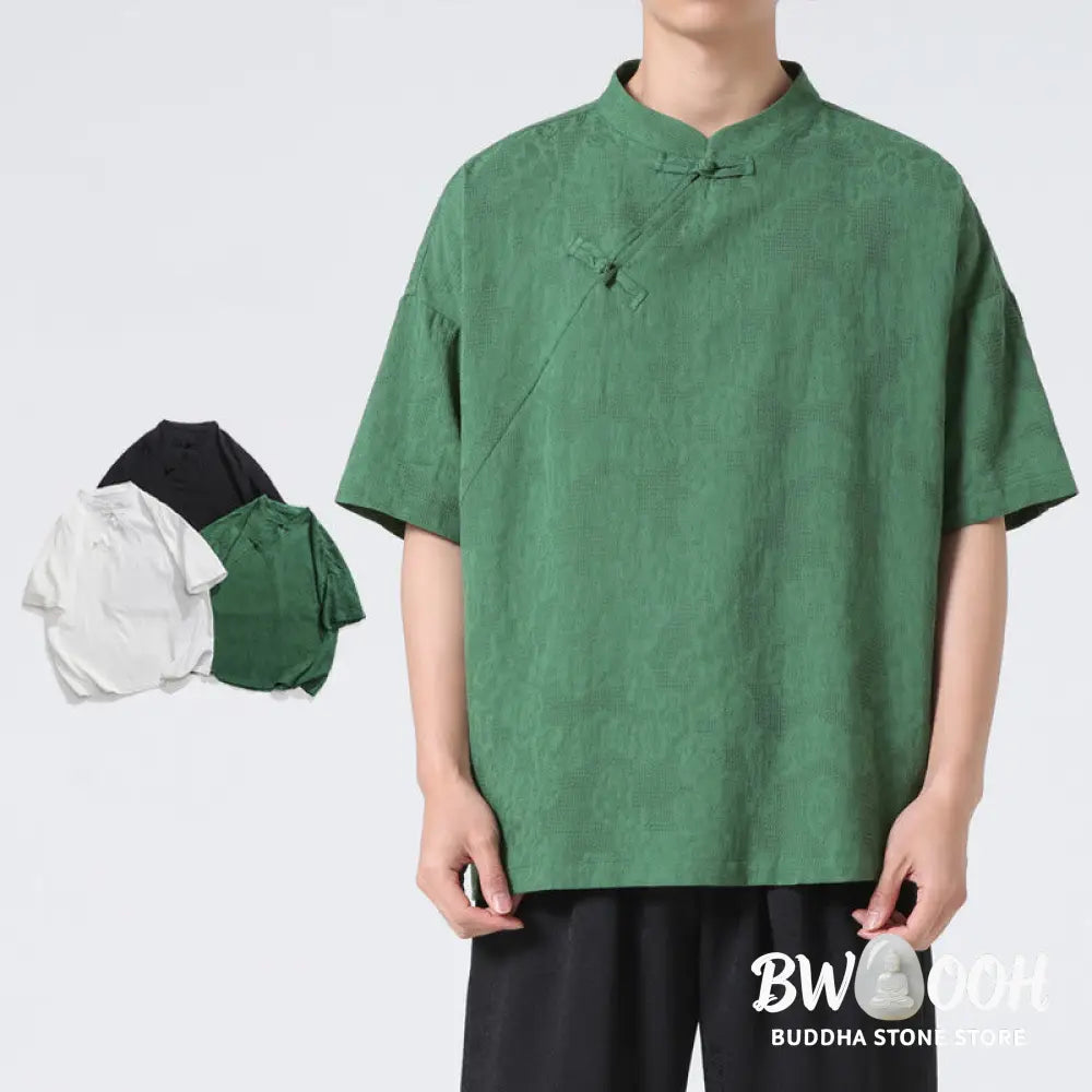 Buddha Stones Retro Pure Color Frog-Button Design Jacquard Flower Pattern Men’s Short Sleeve Cotton Linen Shirt - Men’s