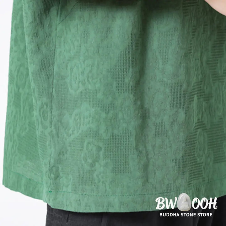 Buddha Stones Retro Pure Color Frog-Button Design Jacquard Flower Pattern Men’s Short Sleeve Cotton Linen Shirt - Men’s