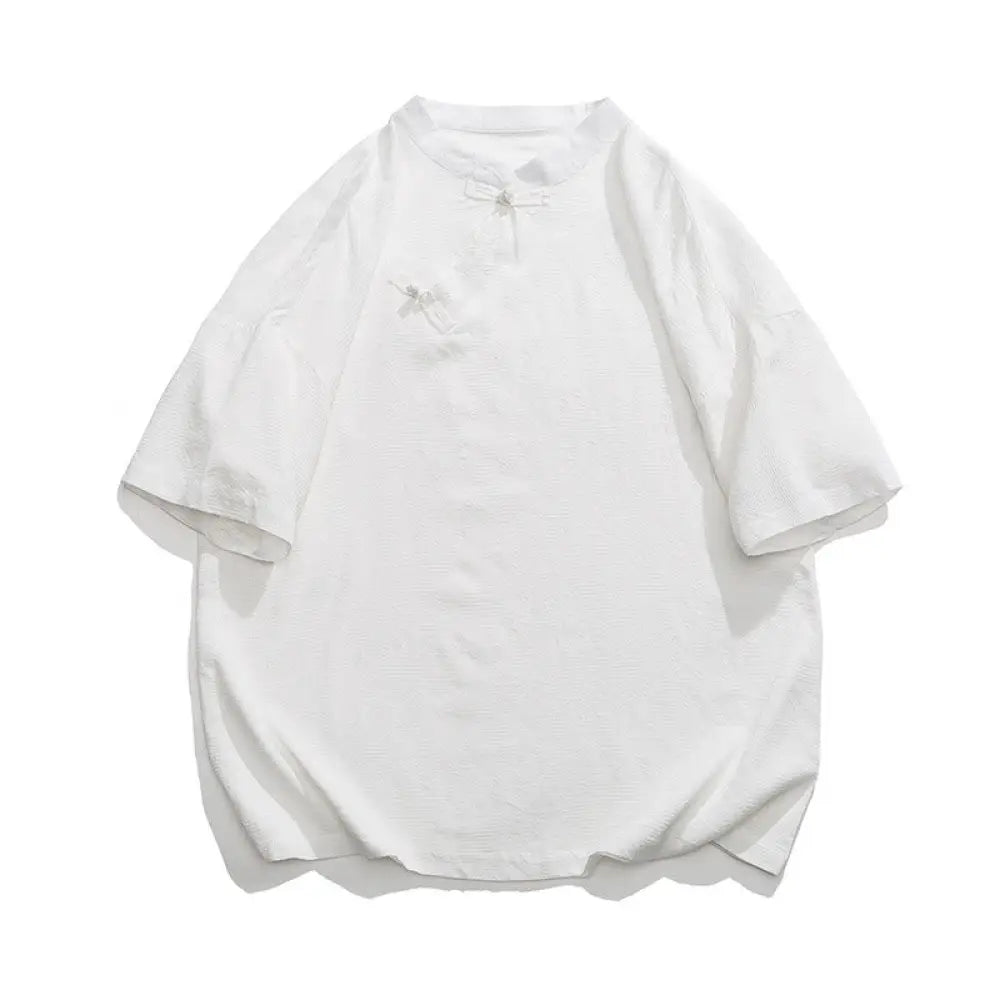 Buddha Stones Retro Pure Color Frog-Button Design Jacquard Flower Pattern Men’s Short Sleeve Cotton Linen Shirt - White