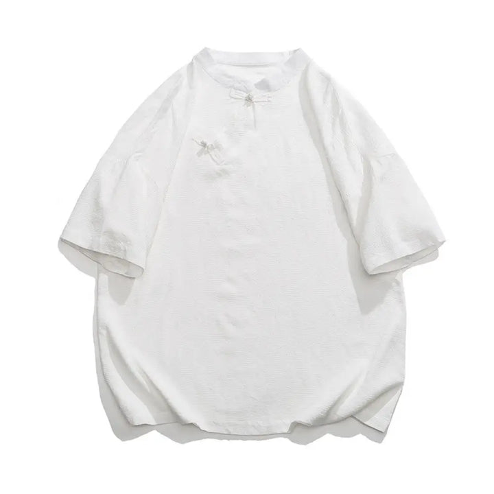 Buddha Stones Retro Pure Color Frog-Button Design Jacquard Flower Pattern Men’s Short Sleeve Cotton Linen Shirt - White