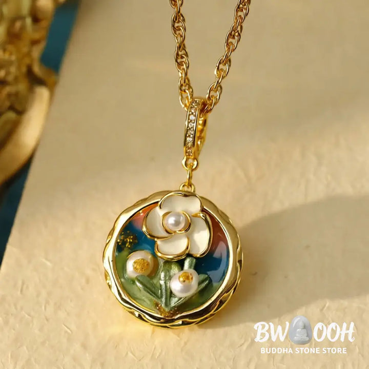 Buddha Stones Retro Round Oil Painting Flower Design Copper Wealth Necklace Pendant - BWOOOH - Oil Painting