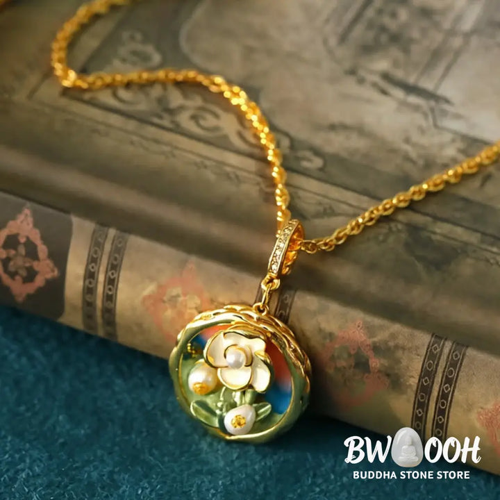 Buddha Stones Retro Round Oil Painting Flower Design Copper Wealth Necklace Pendant - BWOOOH - Oil Painting