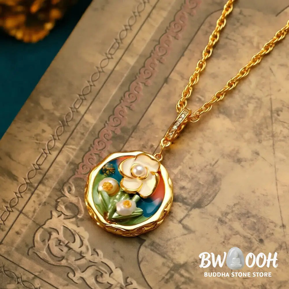 Buddha Stones Retro Round Oil Painting Flower Design Copper Wealth Necklace Pendant - BWOOOH - Oil Painting