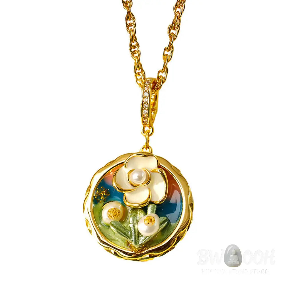 Buddha Stones Retro Round Oil Painting Flower Design Copper Wealth Necklace Pendant - BWOOOH - Oil Painting
