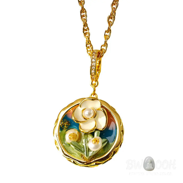 Buddha Stones Retro Round Oil Painting Flower Design Copper Wealth Necklace Pendant - BWOOOH - Oil Painting