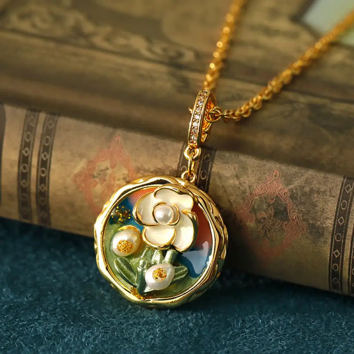 Buddha Stones Retro Round Oil Painting Flower Design Copper Wealth Necklace Pendant - BWOOOH - Oil Painting