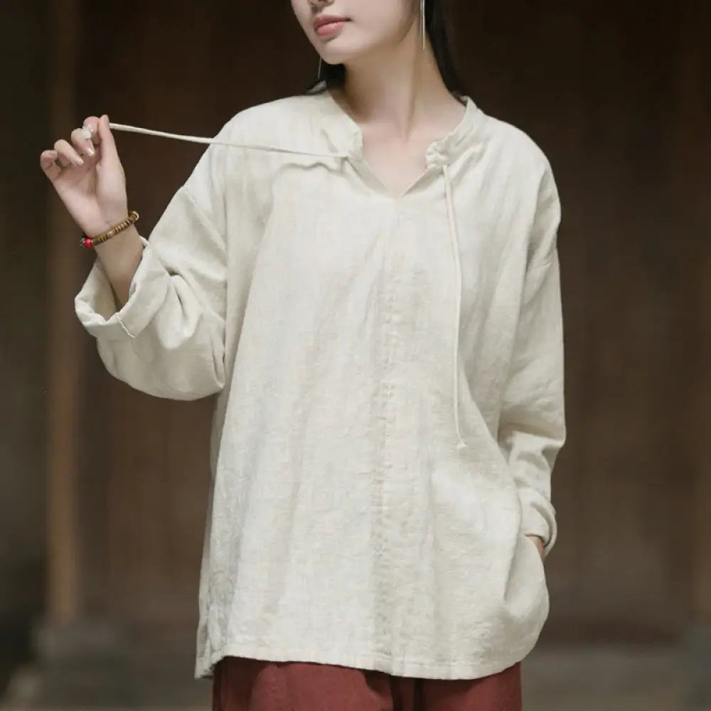 BWOOOH Retro Solid Color Long Sleeve Ramie Linen Women&