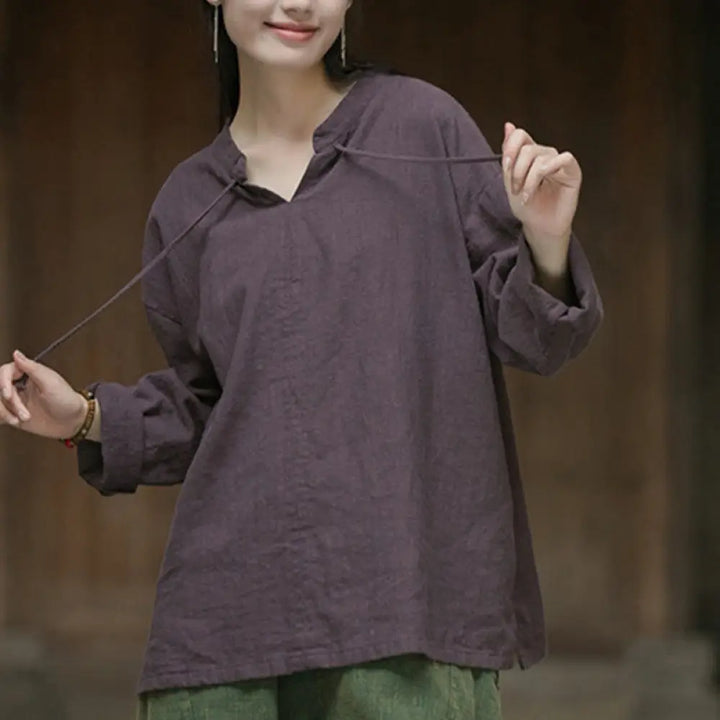 Buddha Stones Retro Solid Color Long Sleeve Ramie Linen Women’s Shirt - Purple / US4-12，UK/AU8-16，EU36-44 (F) - Women’s