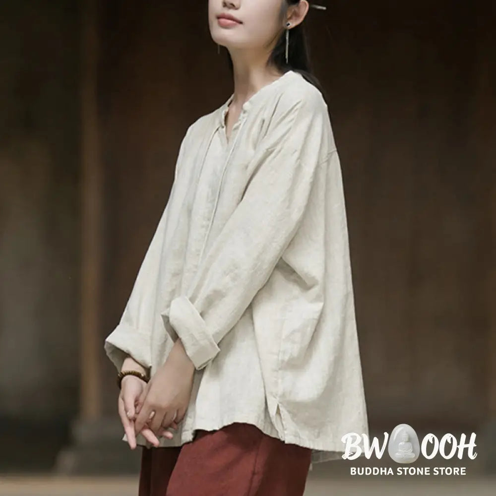 Buddha Stones Retro Solid Color Long Sleeve Ramie Linen Women’s Shirt - Women’s Shirts