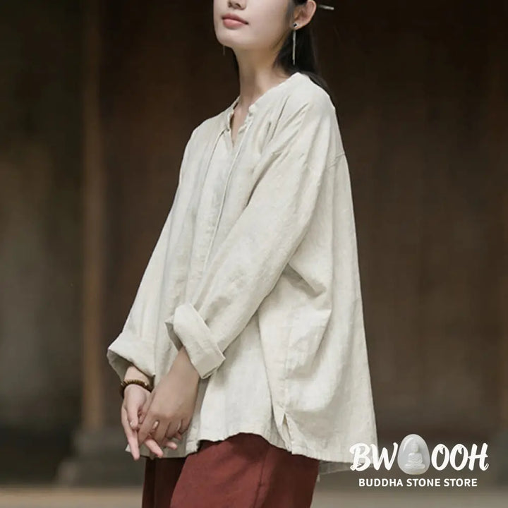 Buddha Stones Retro Solid Color Long Sleeve Ramie Linen Women’s Shirt - Women’s Shirts