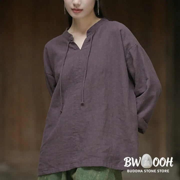 Buddha Stones Retro Solid Color Long Sleeve Ramie Linen Women’s Shirt - Women’s Shirts
